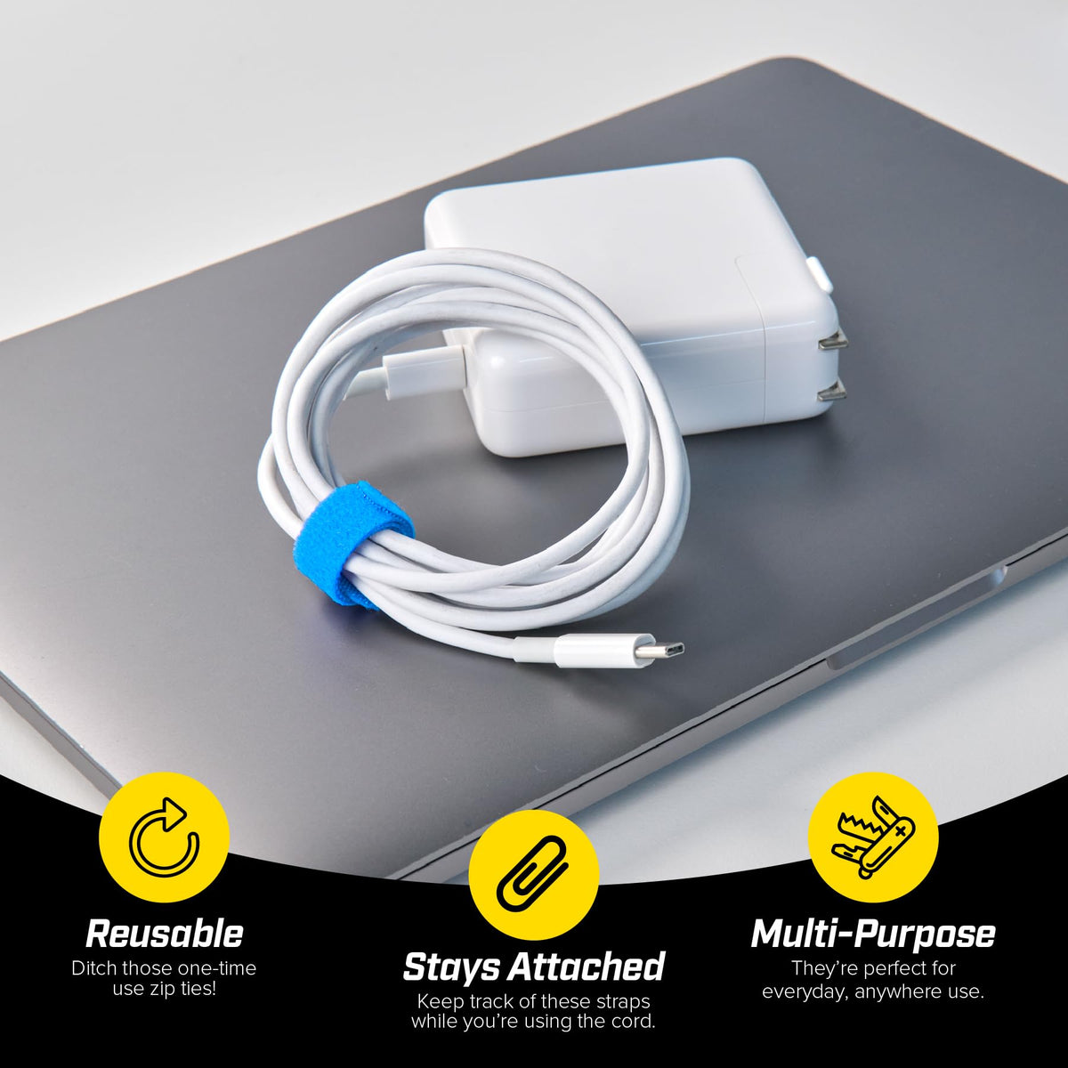 Wrap-It ties stay attached to cords when not in use for easier desk organization