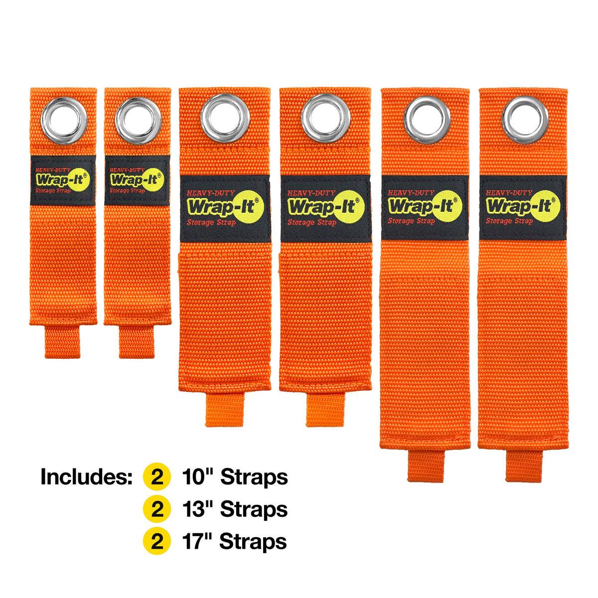 Wrap-It Storage blaze-orange strap demonstrates weatherproof design for hoses outdoors