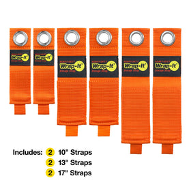 Wrap-It Storage blaze-orange strap demonstrates weatherproof design for hoses outdoors
