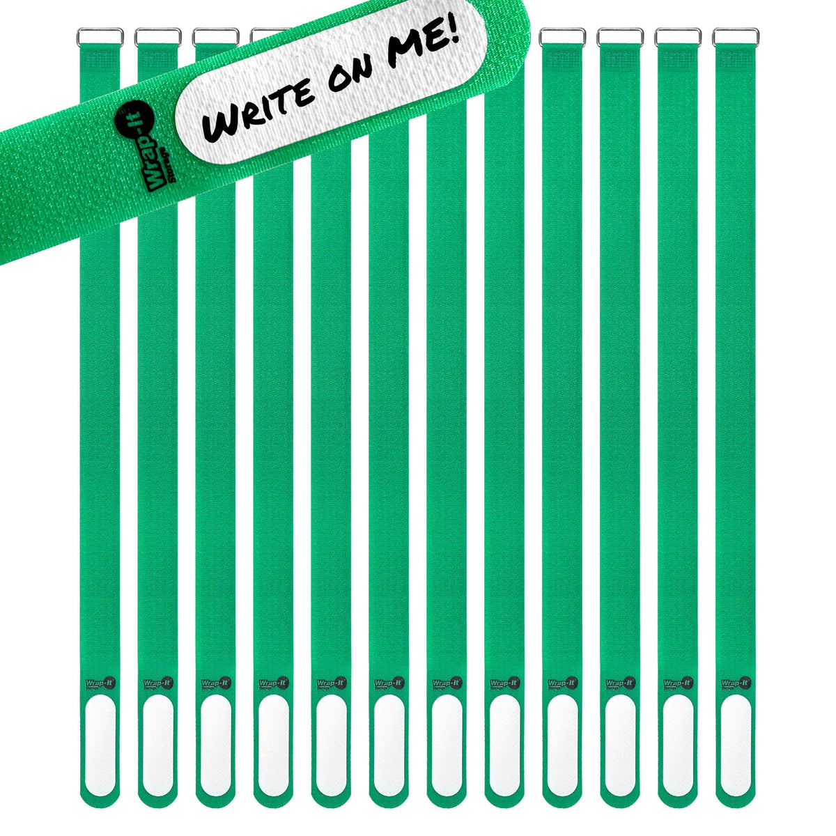 Wrap-It Storage Cinch-Straps with label and buckle for easy cord organization.