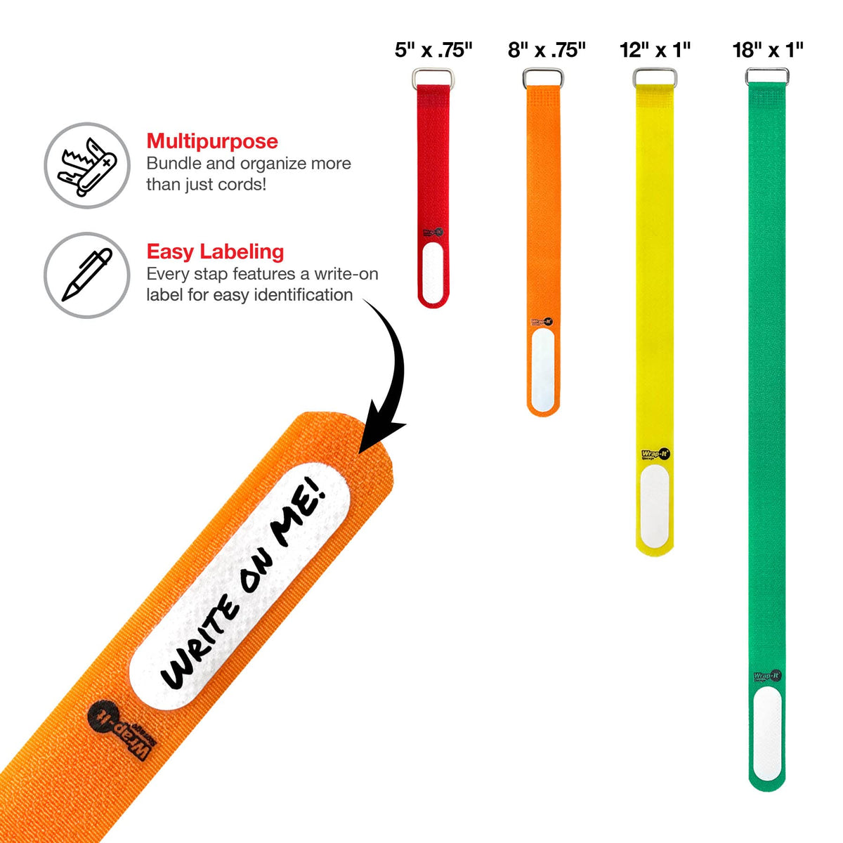 Wrap-It Storage Cinch-Straps 8in with label in-use for cable tidy up