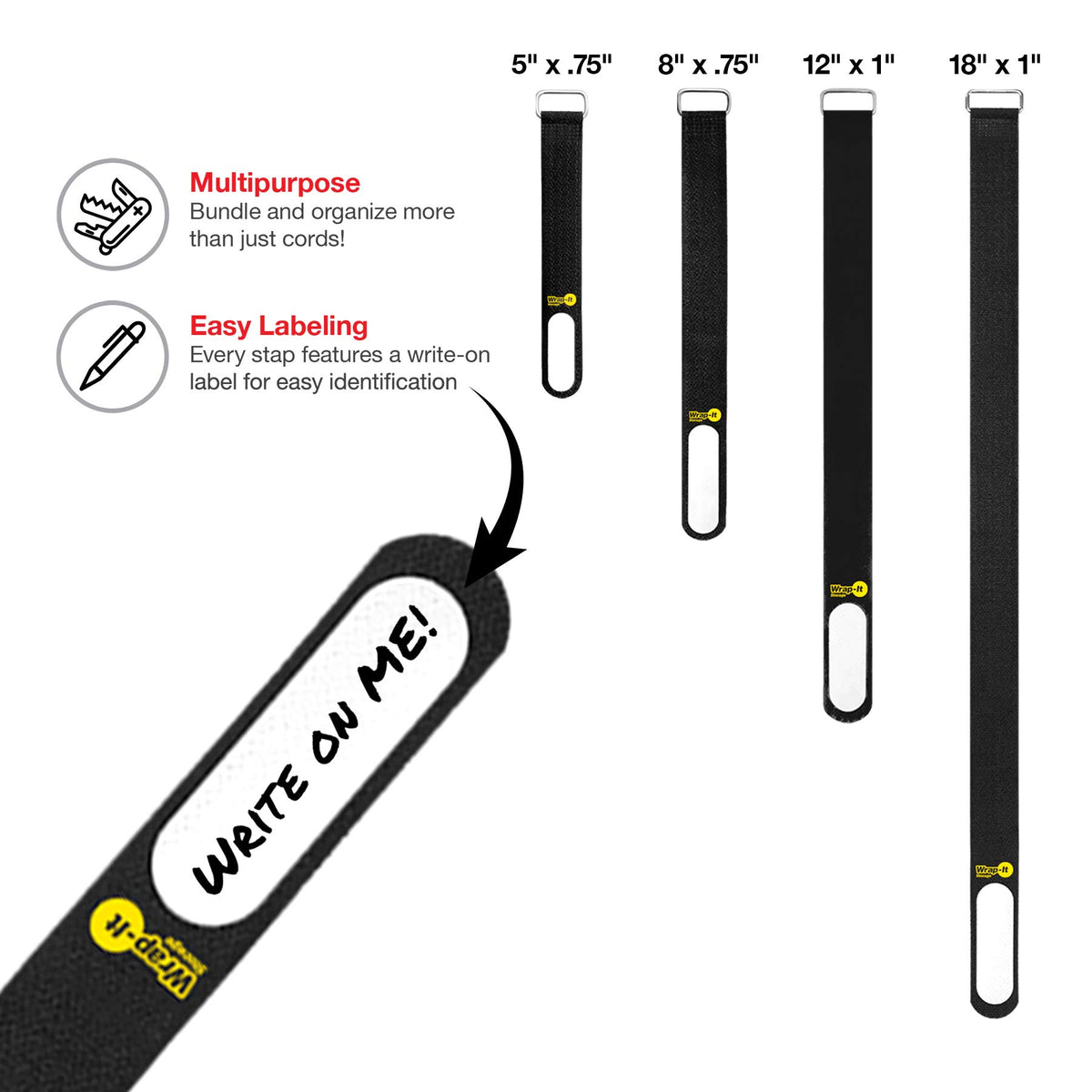 Wrap-It Storage Cinch-Straps 8-inch write-on label for medium cables organized neatly.