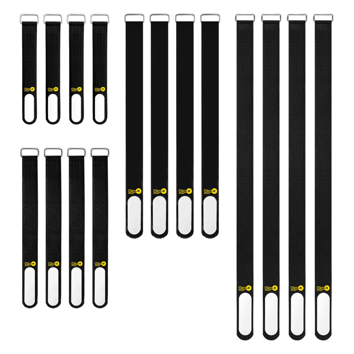 Wrap-It Storage Cinch-Straps assorted 16-pack in black for versatile home, tech, and garage organization.