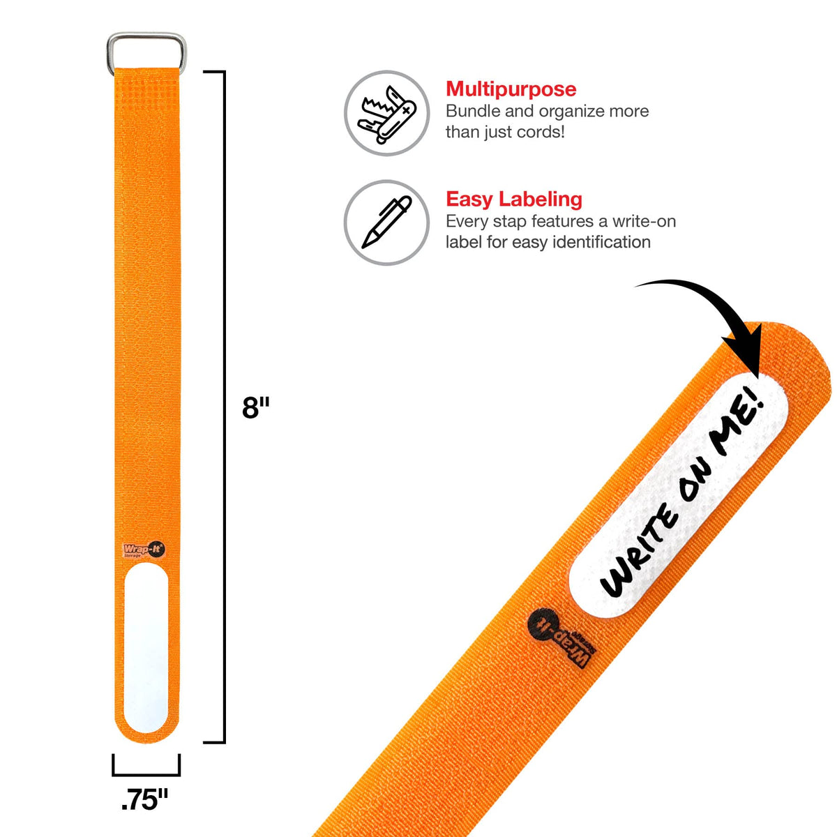 Wrap-It Storage orange cinch strap secures bike lock and outdoor cables.