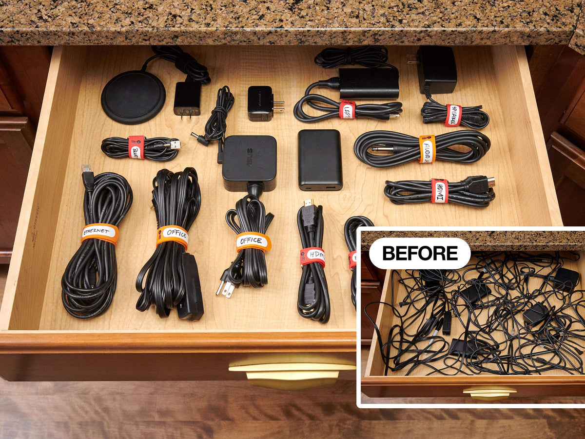 Wrap-It Storage in garage use keeps power strips and cables tidy.