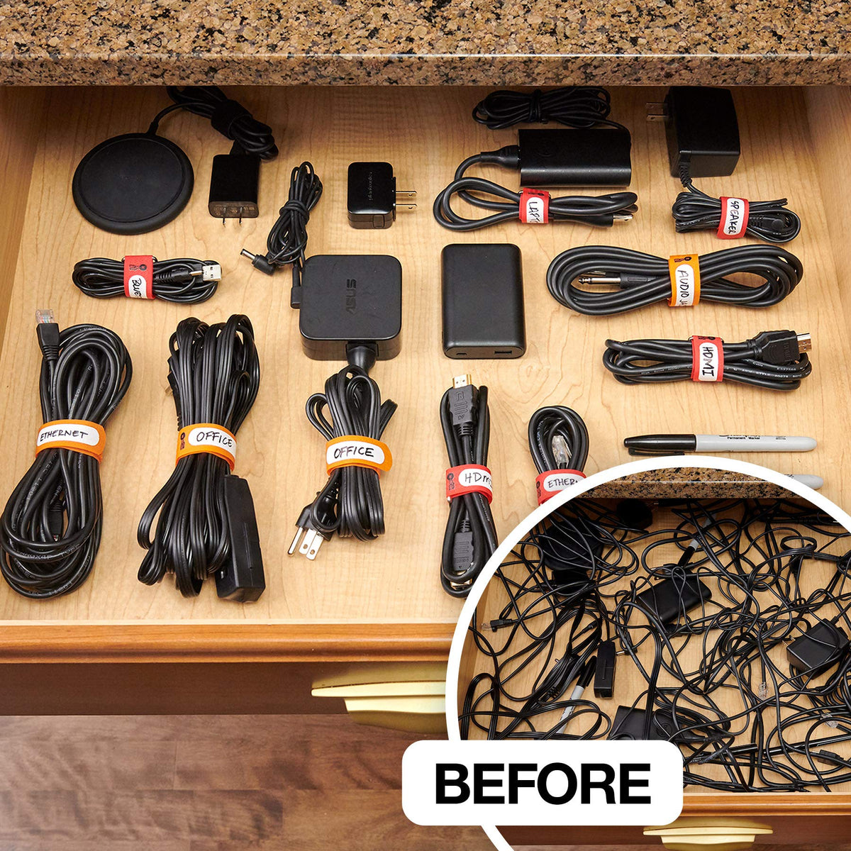 Wrap-It Storage cinch straps show label tab for cord identification.