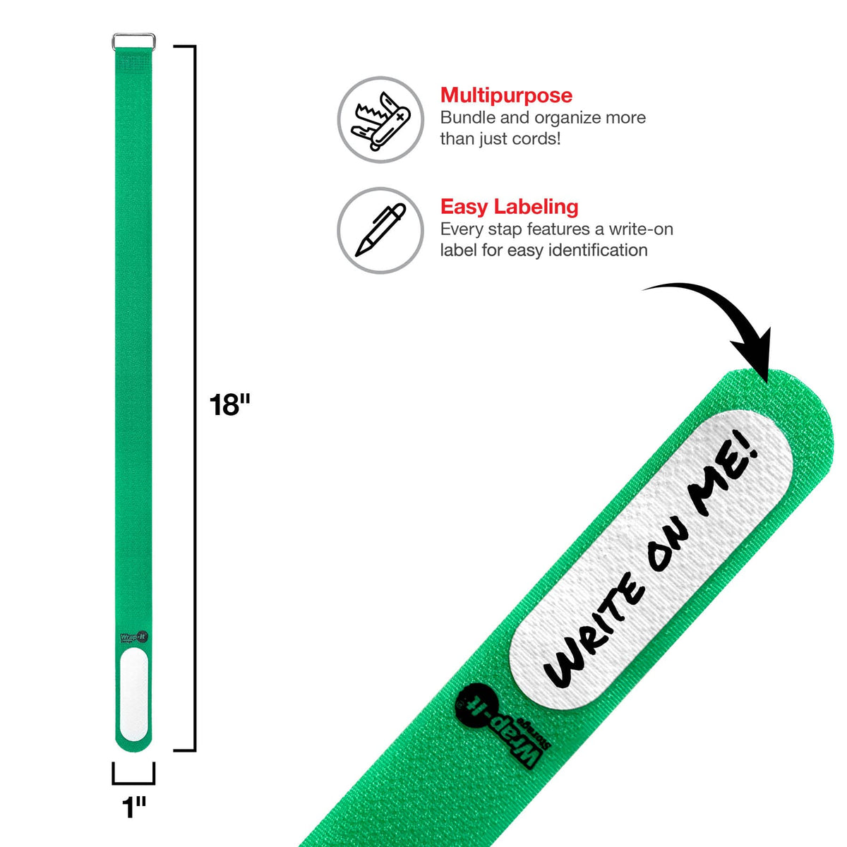 Write-on label tab on Wrap-It Strap helps identify cords quickly.