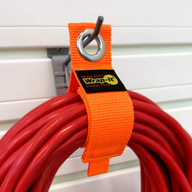 Wrap-It Storage cord hanger orange keeps cords tidy and ready to use.