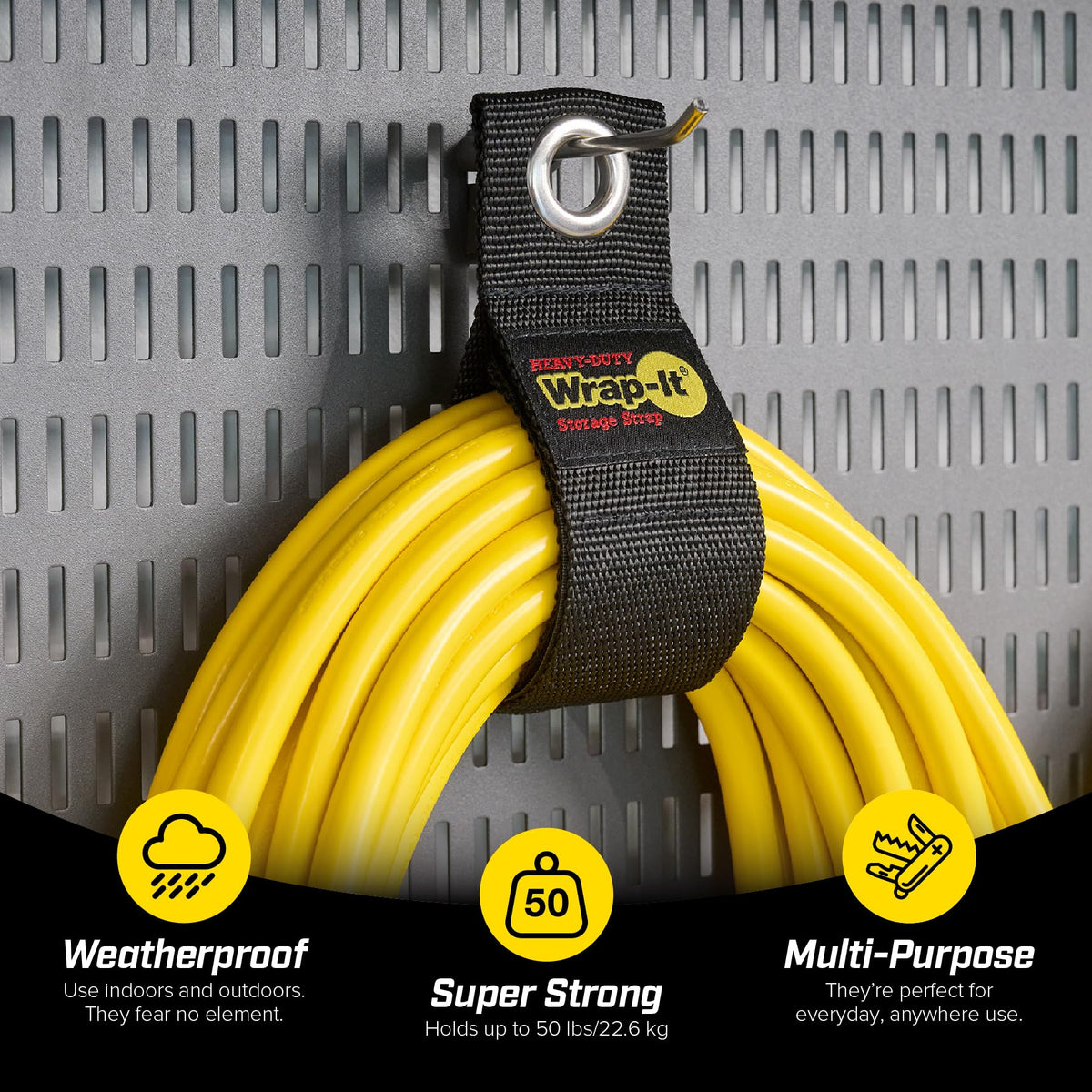 Wrap-It Storage cord organizer hanger securing extensions for quick access.