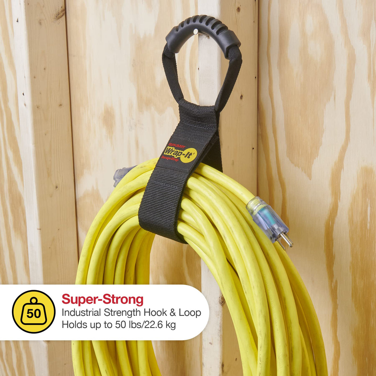 Wrap-It Storage close-up shows durable polypropylene and hook-and-loop closure.