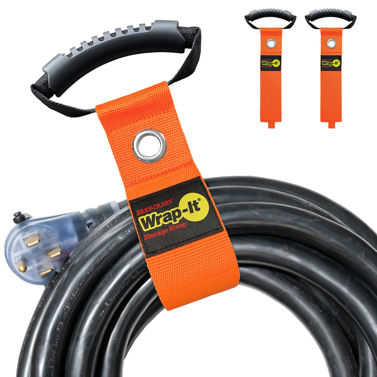 Wrap-It Storage Easy-Carry strap blaze-orange handle for easy carrying and wall hanging.
