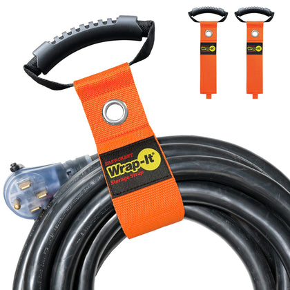 Wrap-It Storage Easy-Carry strap blaze-orange handle for easy carrying and wall hanging.