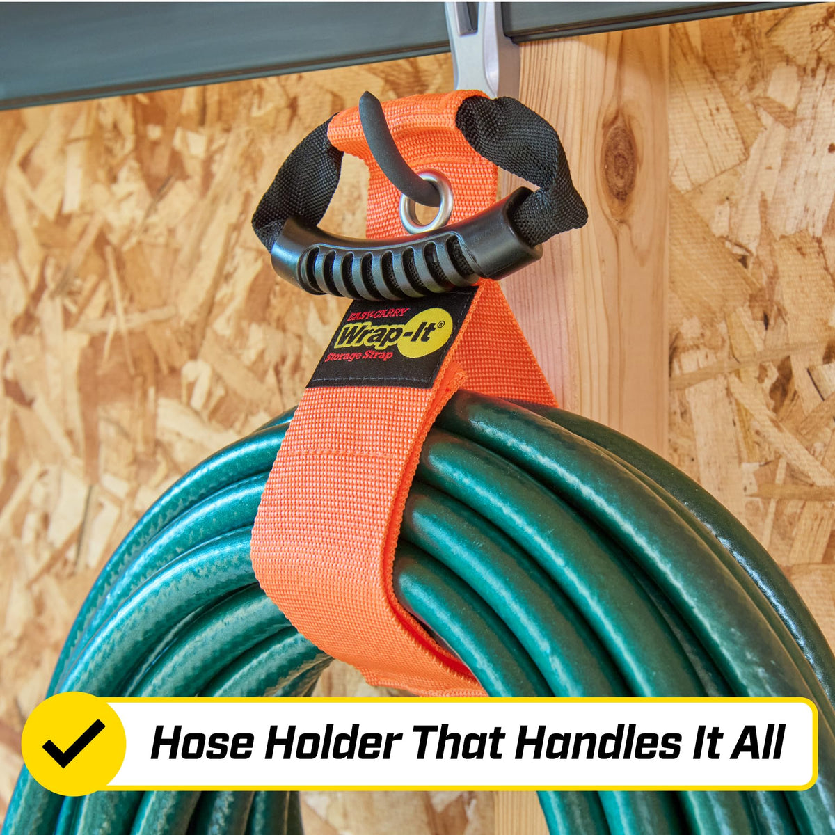 Wrap-It Storage Easy-Carry strap organizes garden hoses for tidy storage.