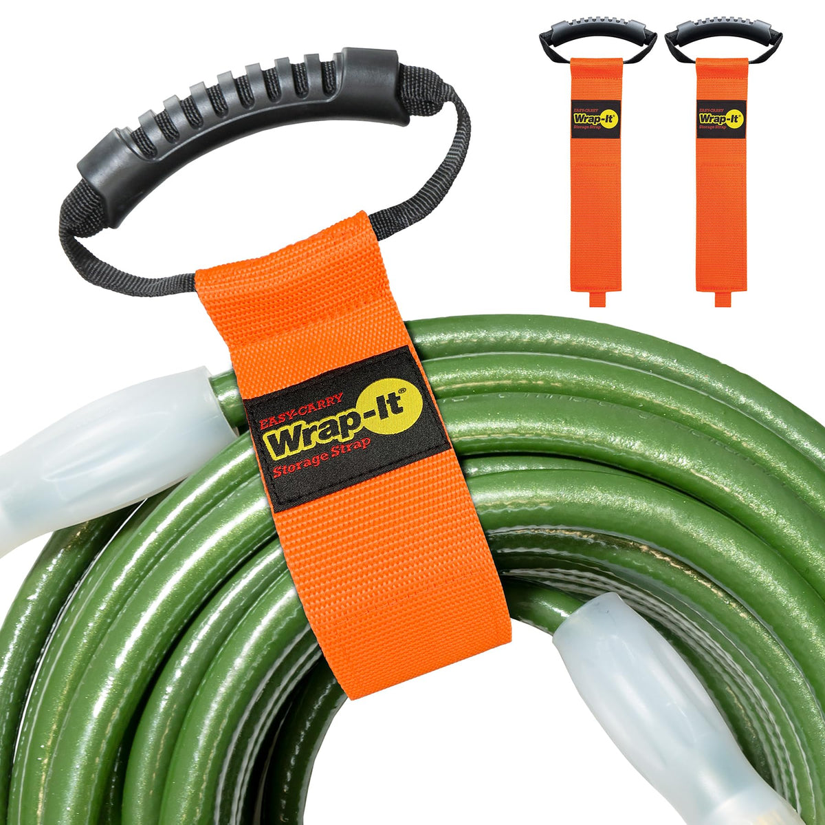 Wrap-It Storage Easy-Carry strap bundles hoses neatly for garage organization.