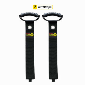 Wrap-It Storage Easy-Carry strap wrapped around hoses in a shed for tidy storage