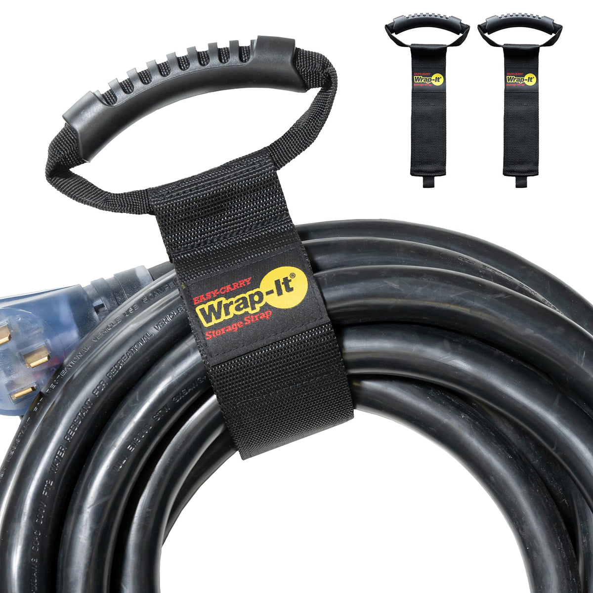 Wrap-It Storage easy-carry strap bundles hoses for organized garage storage.