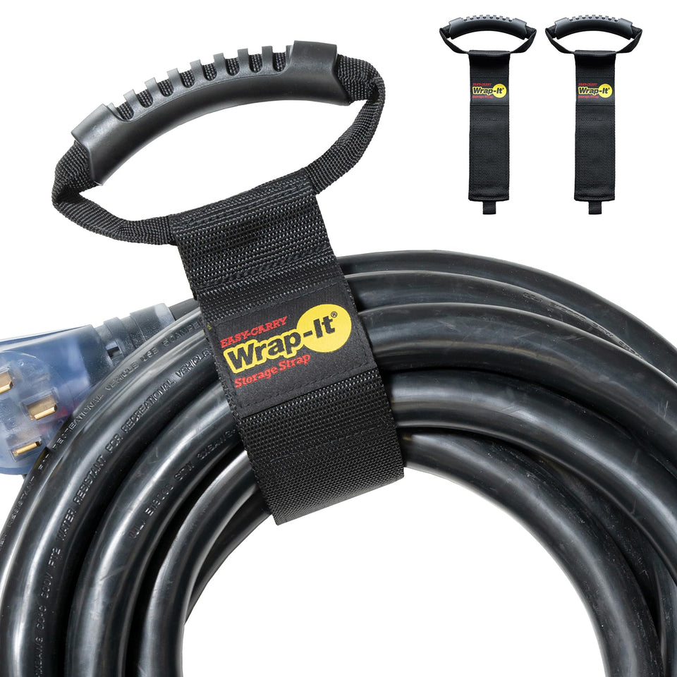 Wrap-It Storage easy-carry strap bundles hoses for organized garage storage.
