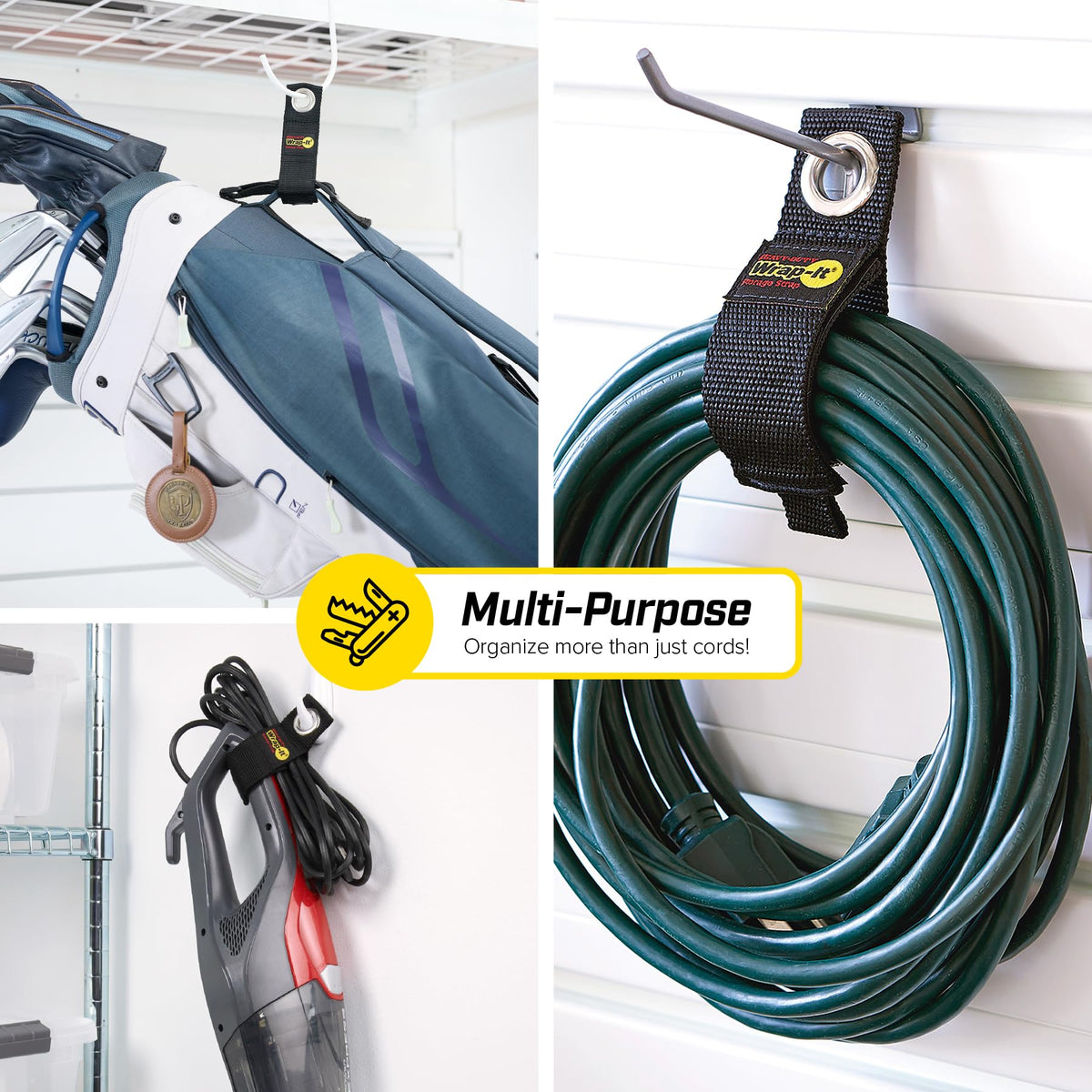 Wrap-It Storage extension cord organizer hanger keeps cords tidy and accessible.