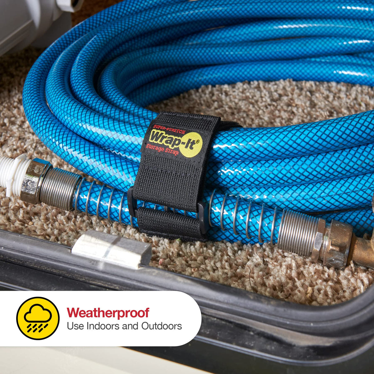 Wrap-It Storage Super-Stretch Strap wrapping an extension cord to 75 feet