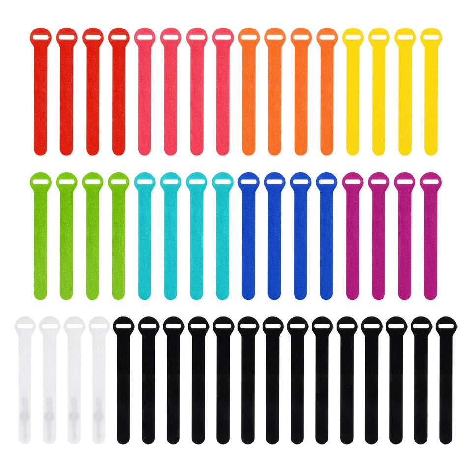 Wrap-It Storage front package showing 50 colorful reusable cable ties and benefits