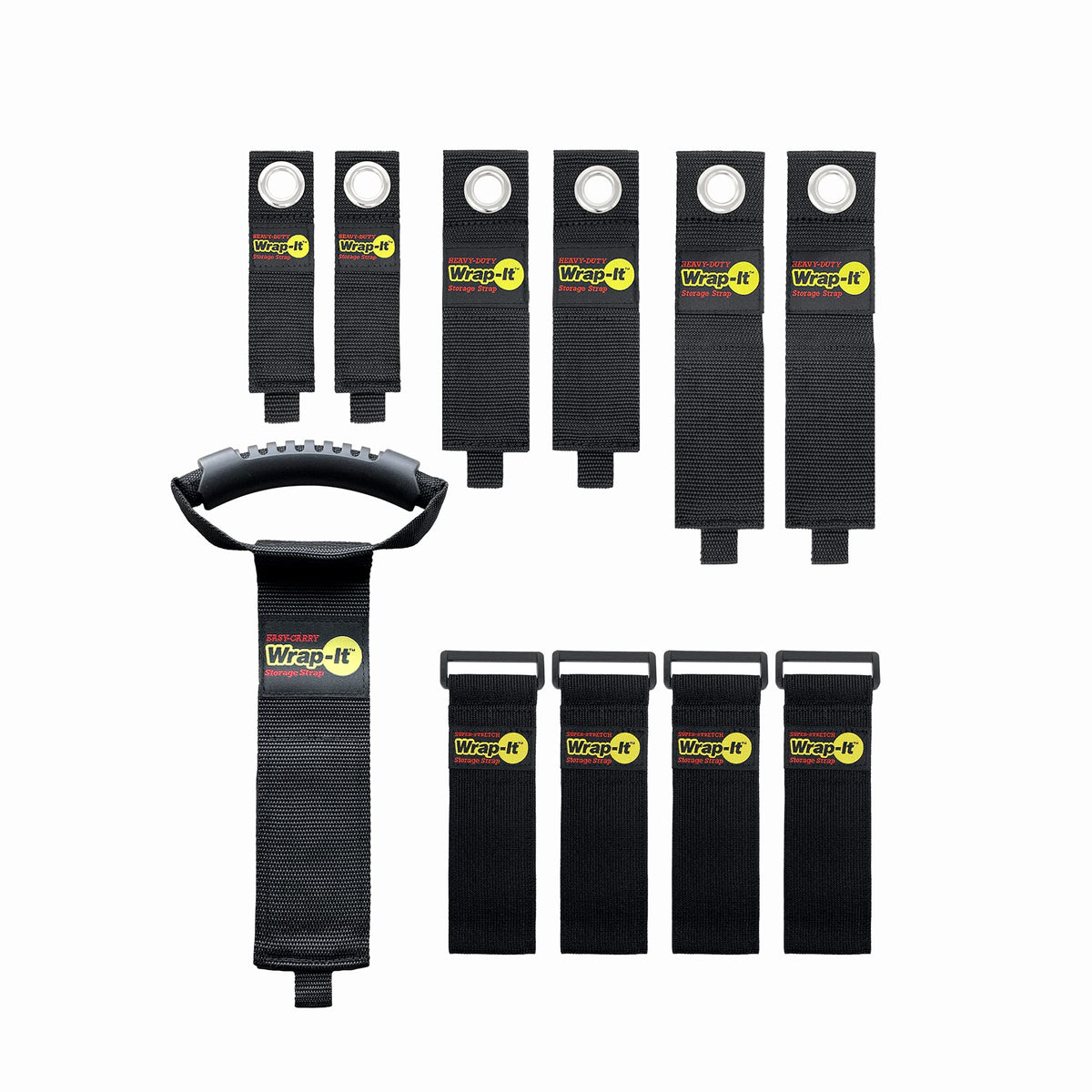 Wrap-It Storage front packaging showing full value pack and included strap types, visual inventory benefit
