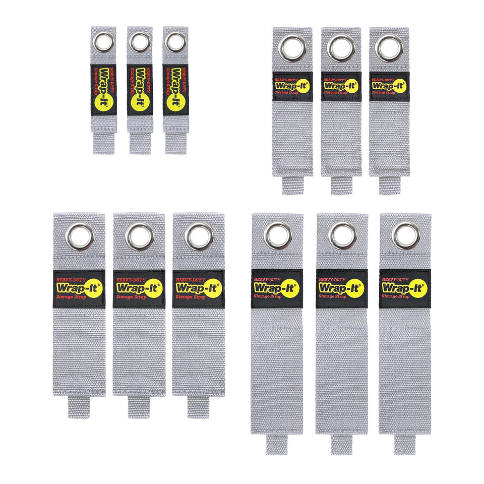 Wrap-It Storage front packaging showing 12-pack and silver straps benefit tidy storage