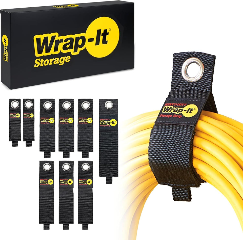 Wrap-It Storage front packaging showing nine assorted straps and brand logo for easy purchase
