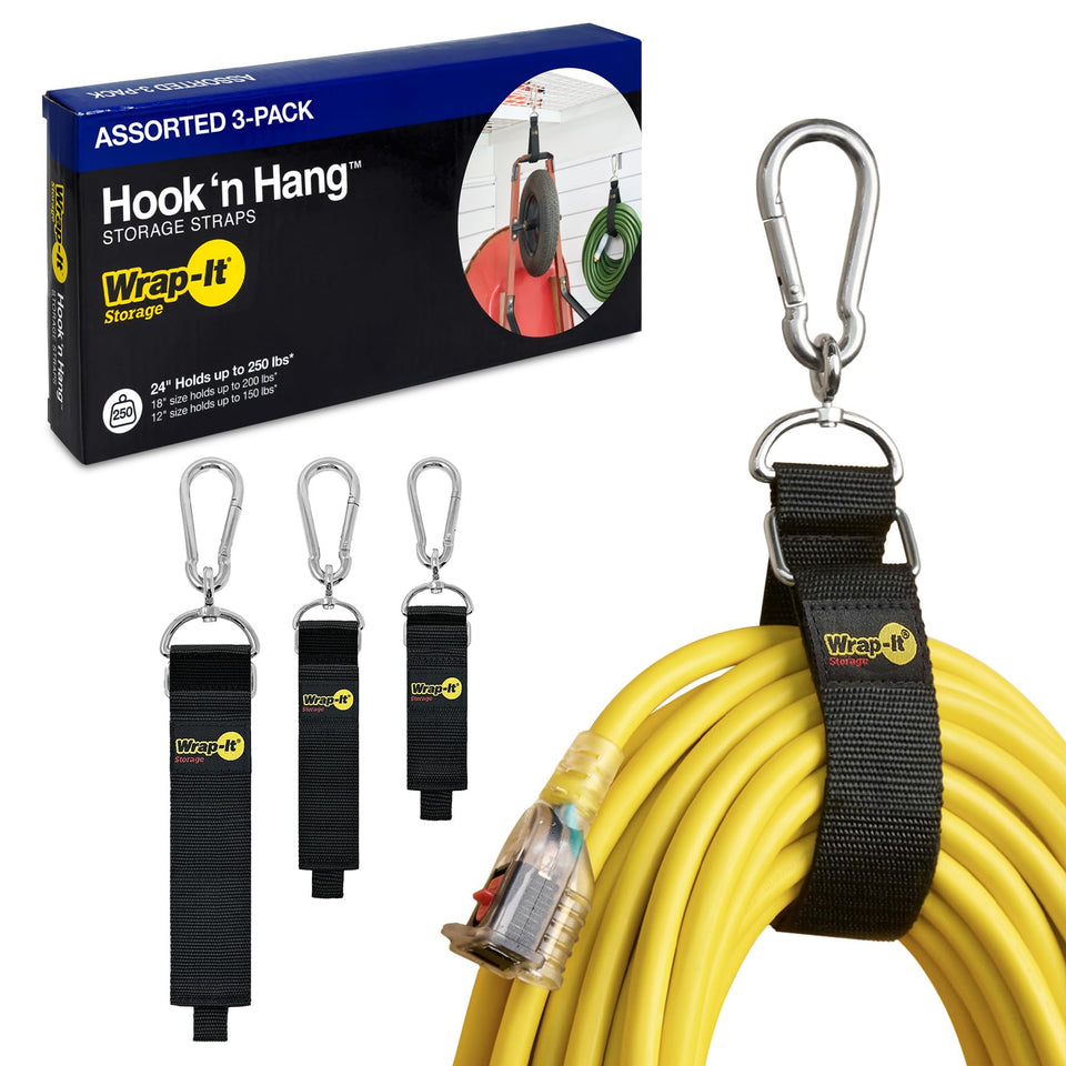 Wrap-It Storage front pack showing three black Hook 'n Hang straps and branding, neat storage