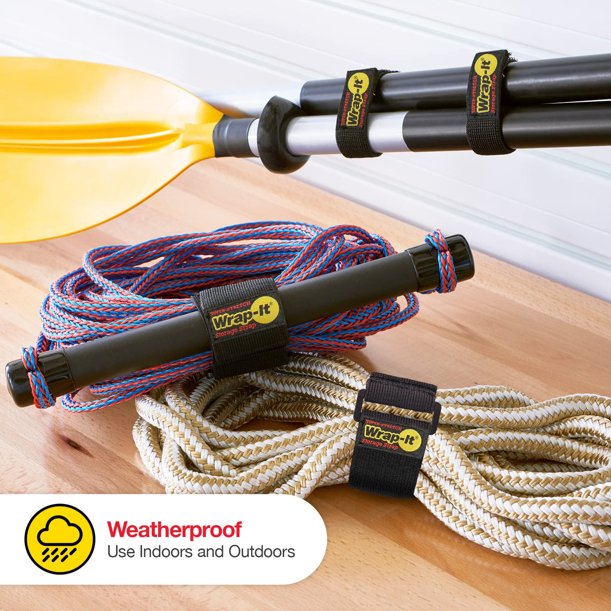Wrap-It Storage garage organizer strap consolidates tools, cords, hoses.