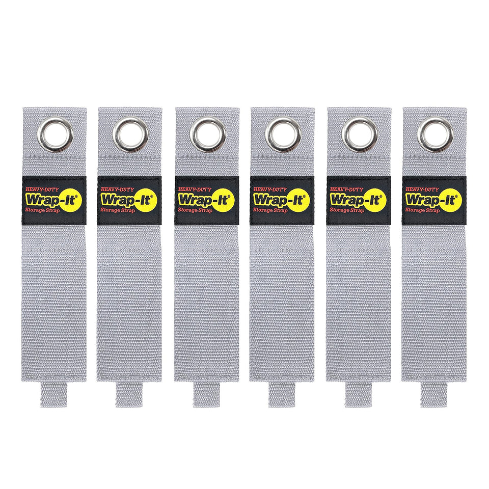 Wrap-It Storage heavy-duty 17-inch straps with metal grommet for durable garage organization.