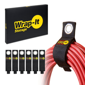 Wrap-It Storage heavy-duty strap in use keeps cords neatly wrapped and ready to deploy.
