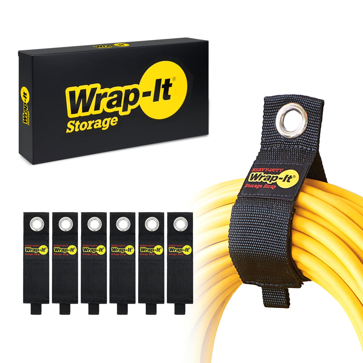 Wrap-It Storage heavy-duty strap 13-inch in a bundle keeps cords untangled and ready.