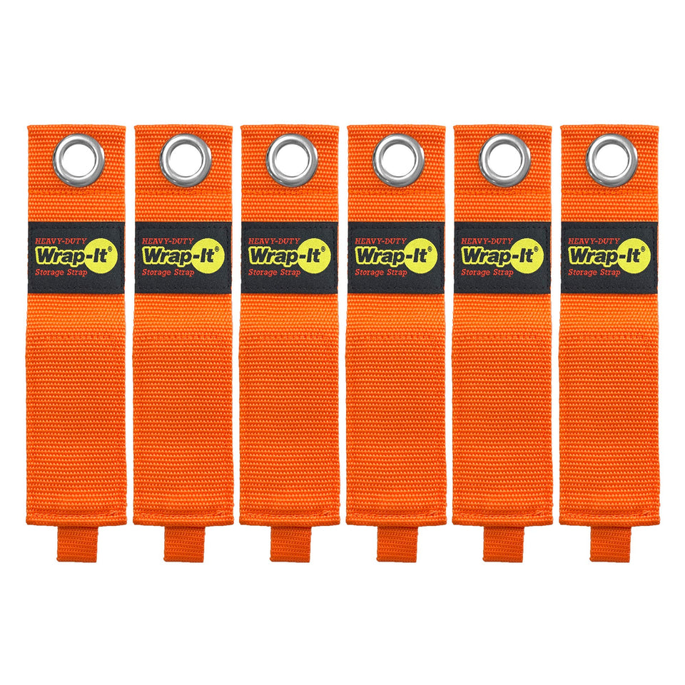 Wrap-It Storage blaze orange heavy-duty strap used as extension cord hanger for cords and hoses.