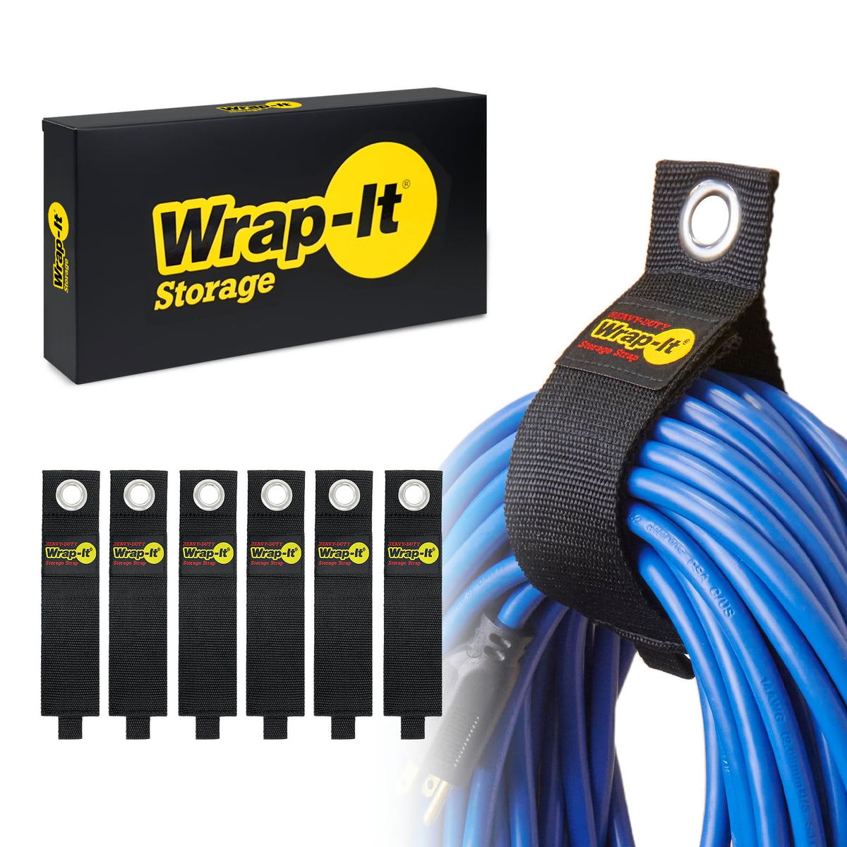 Wrap-It Storage heavy-duty strap on wall mount secures cords neatly for garage organization.