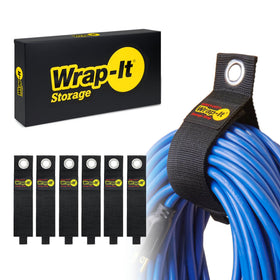 Wrap-It Storage heavy-duty strap on wall mount secures cords neatly for garage organization.