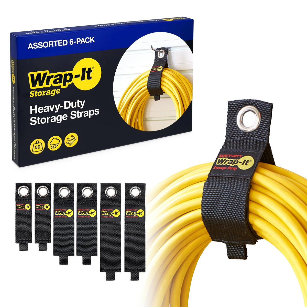 Wrap-It Storage heavy-duty strap close-up showing rugged polypropylene for reliable garage organization.