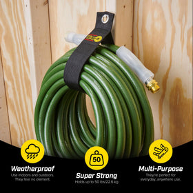 Wrap-It Storage straps on a garage wall provide quick hose access and space efficiency.