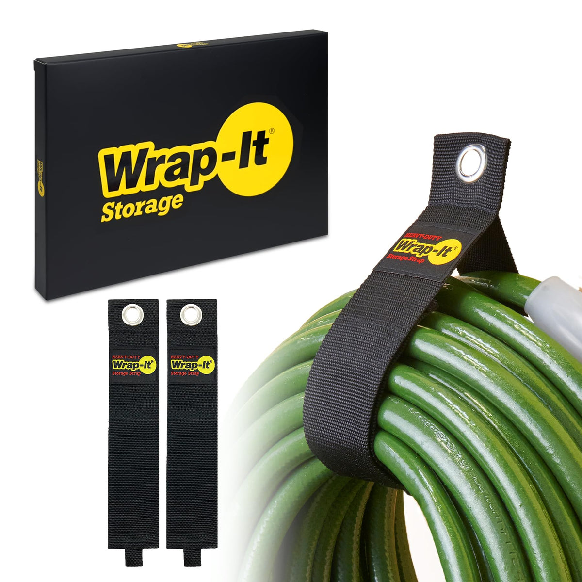 Wrap-It Storage heavy-duty strap around a garden hose for tidy, quick access.