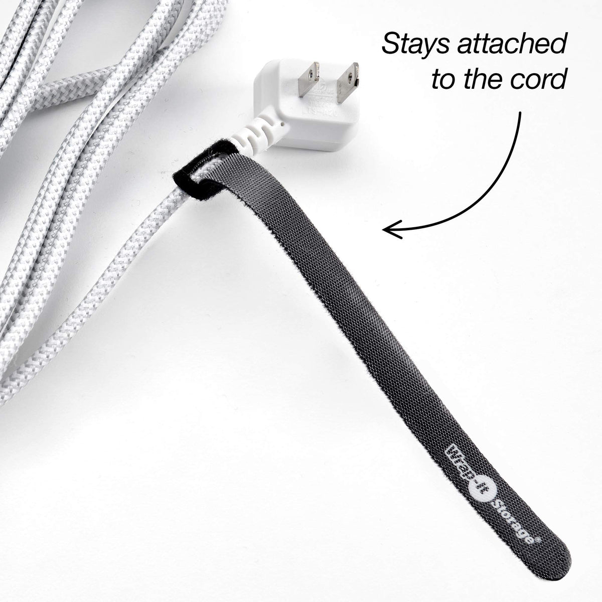 Wrap-It Storage hook-and-loop ties keep cords accessible and reusable.