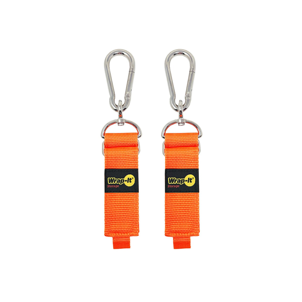 Wrap-It Storage Hook 'n Hang carabiner strap secures cords in a tidy garage