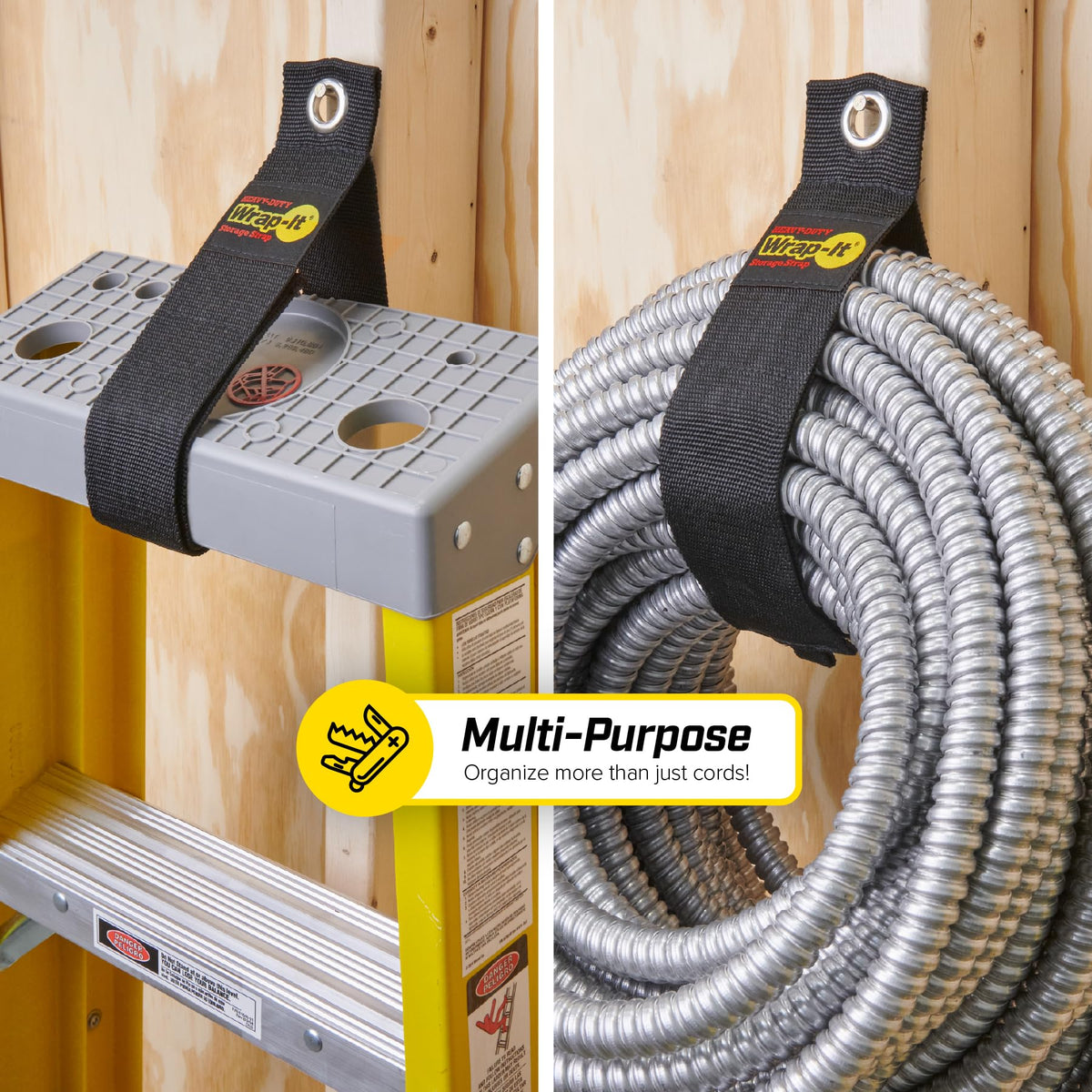 Wrap-It Storage hose and pool equipment neatly secured for poolside setup.