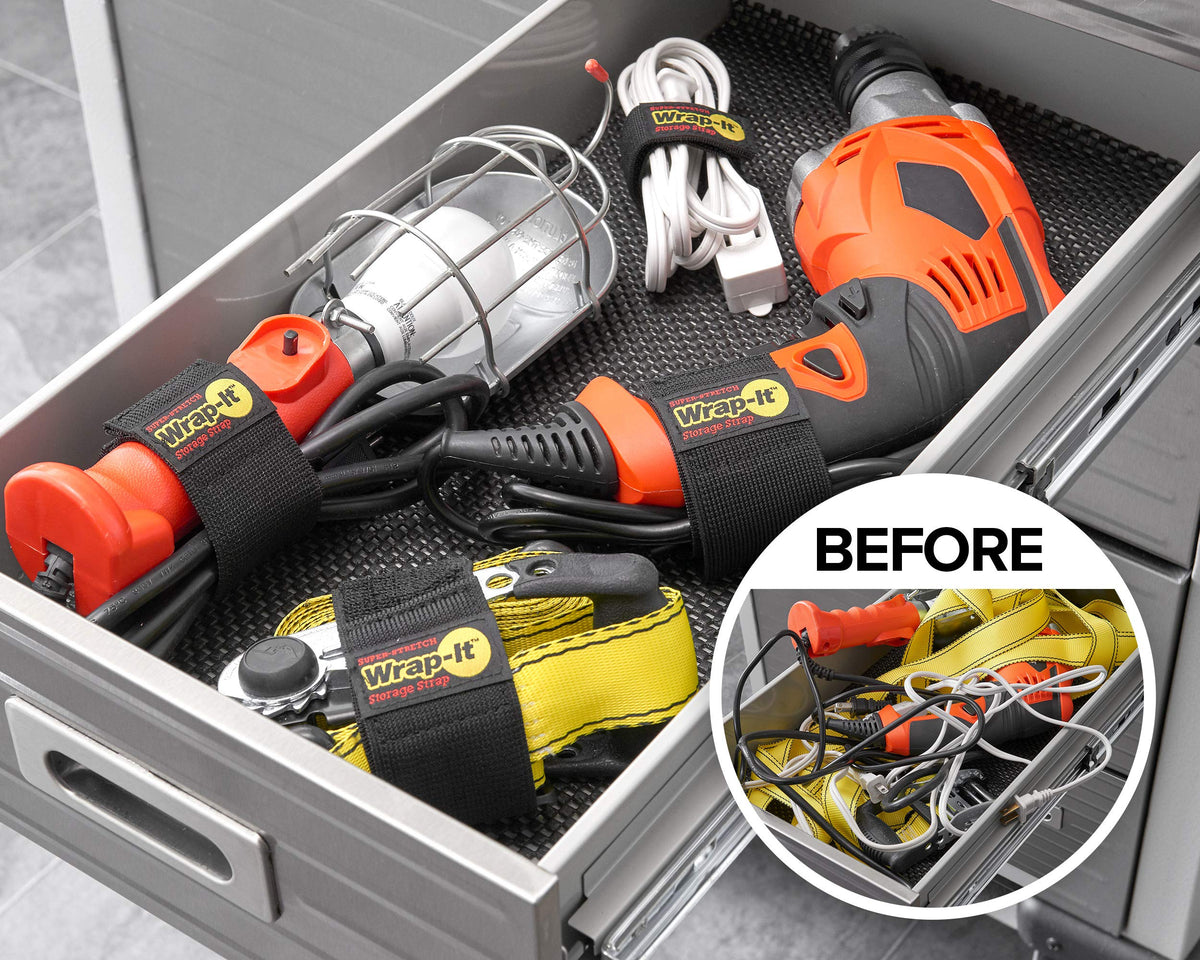 Wrap-It Storage Super-Stretch Strap securing hoses in garage storage setup