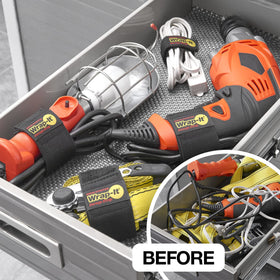 Wrap-It Storage hose wrap strap demonstrates easy storage for garden hoses.