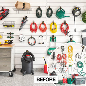 Wrap-It Storage straps securing tools on a work van shelf showing mobile organization benefit