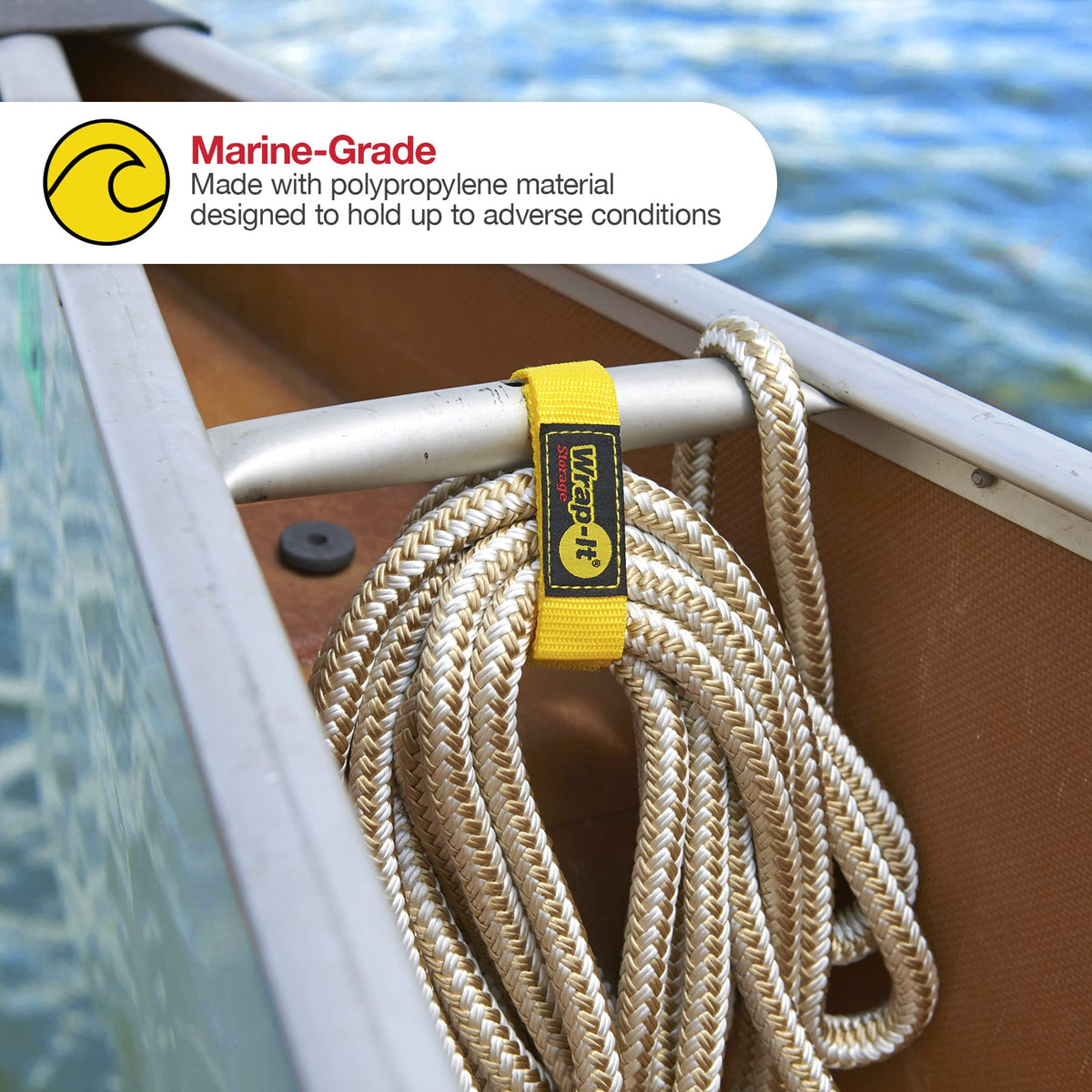 Wrap-It Storage Quick-Strap shows marine-grade polypropylene for weather resistance.