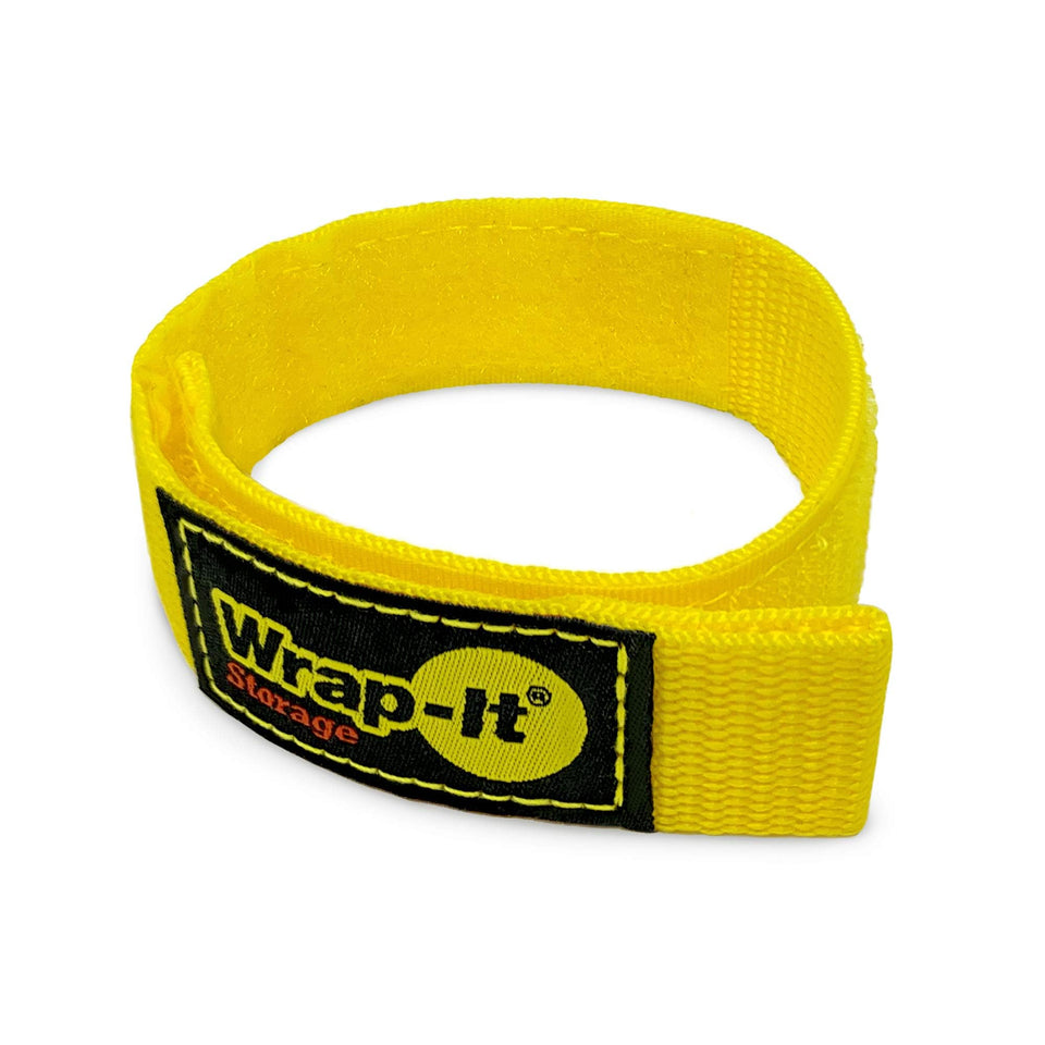 Wrap-It Storage Quick-Straps 12inch Yellow in-use bundle keeps cords tidy.