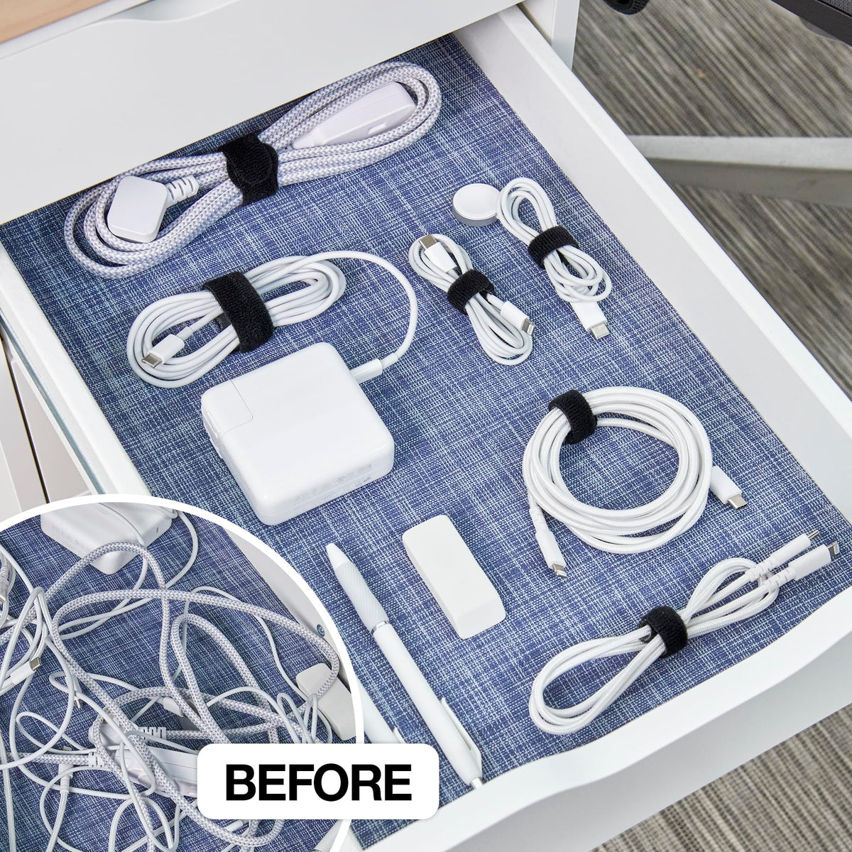 Wrap-It Storage 8in cable ties on a desk for tidier cords