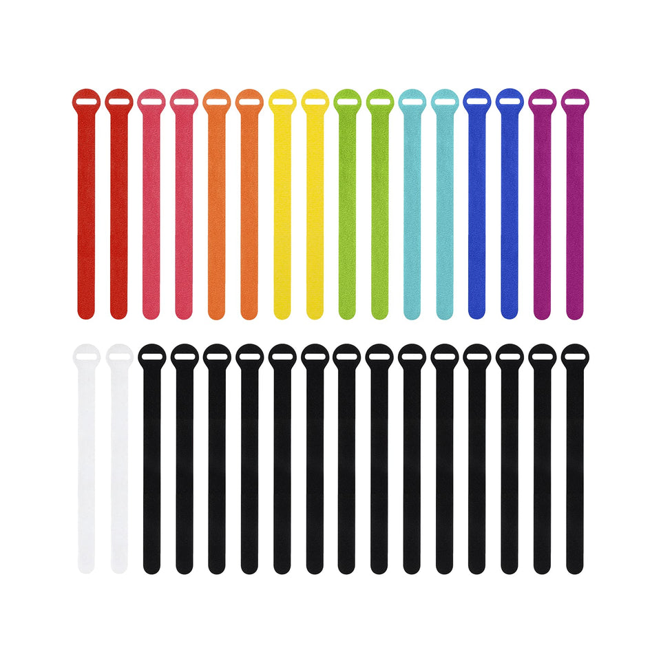 Wrap-It Storage self-gripping cable ties in multi-color for tidy desk cable management.