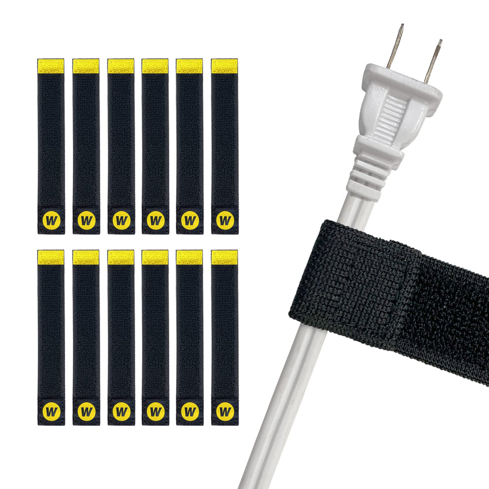 Wrap-It Storage Selfie Straps 6-Inch 12-Pack keeps desk cables neatly organized.