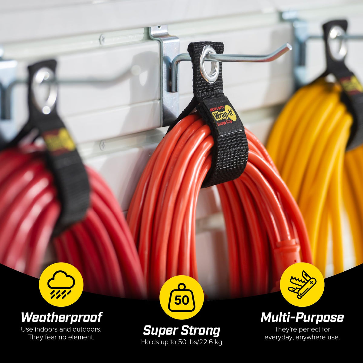Wrap-It Storage six-pack package on display shows versatile garage and workshop organization.